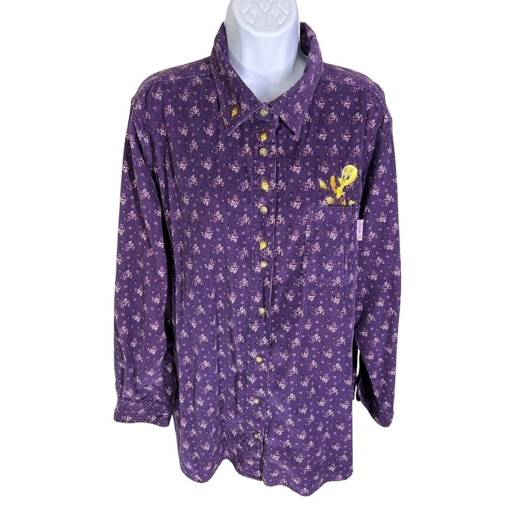 LOONEY Tunes Tweety Bird Vintage 2001 Purple Corduroy Button Down Top 18W/20W
